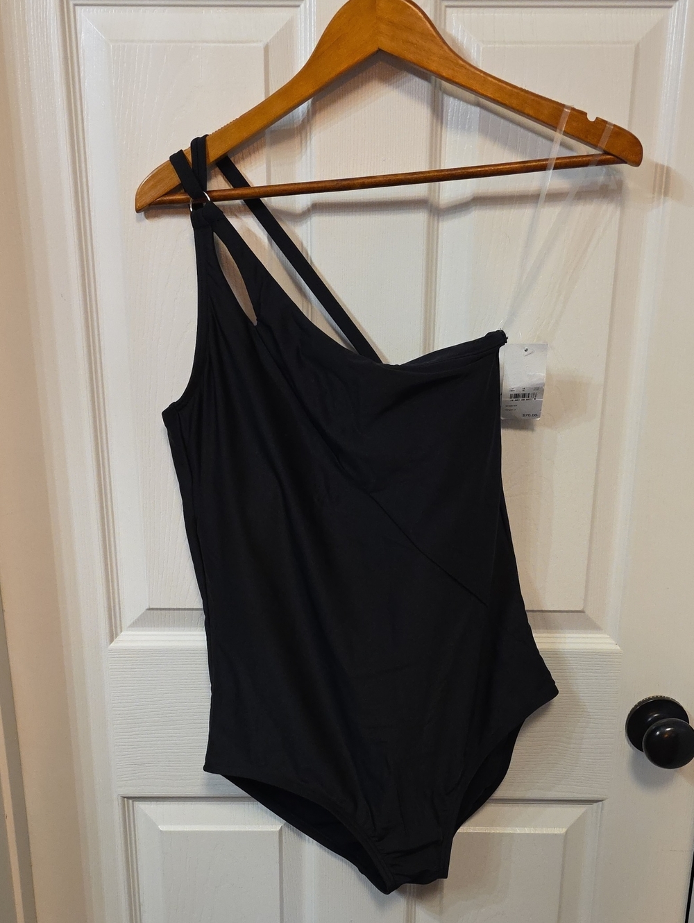 Lands' End Black One-Shoulder Swimsuit with Double Straps